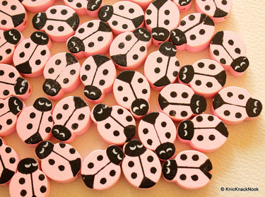 Pink Ladybug Wood Beads x 10